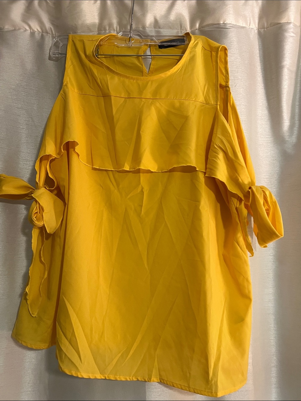 Women’s Yellow Cold-Shoulder Ruffle Blouse with Tie Sleeves